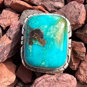 Genuine Native American Sterling Silver Turquoise Ring,made by P Skeets Sz 6-1/4